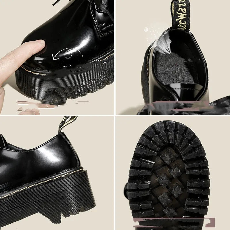 White and black women's thick soled shoes with ribbon and cross straps and laced closure.