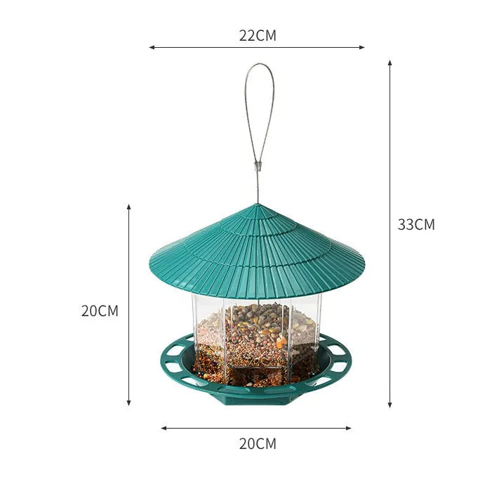 Outdoor garden hanging transparent bird feeder in green PP material with automatic feeding mechanism