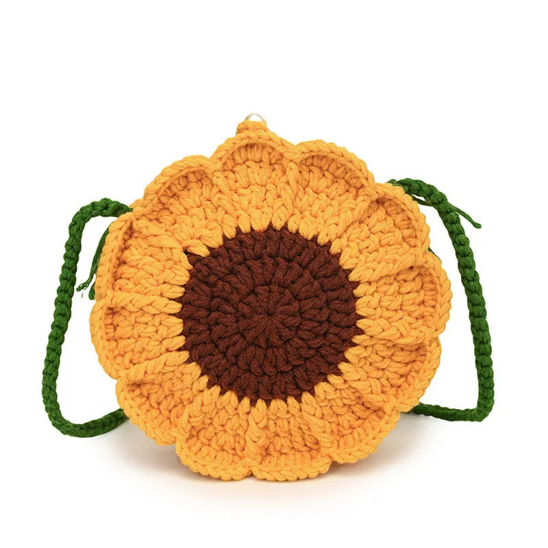 Round hand-woven bag with crocheted wool flowers and mobile phone pocket