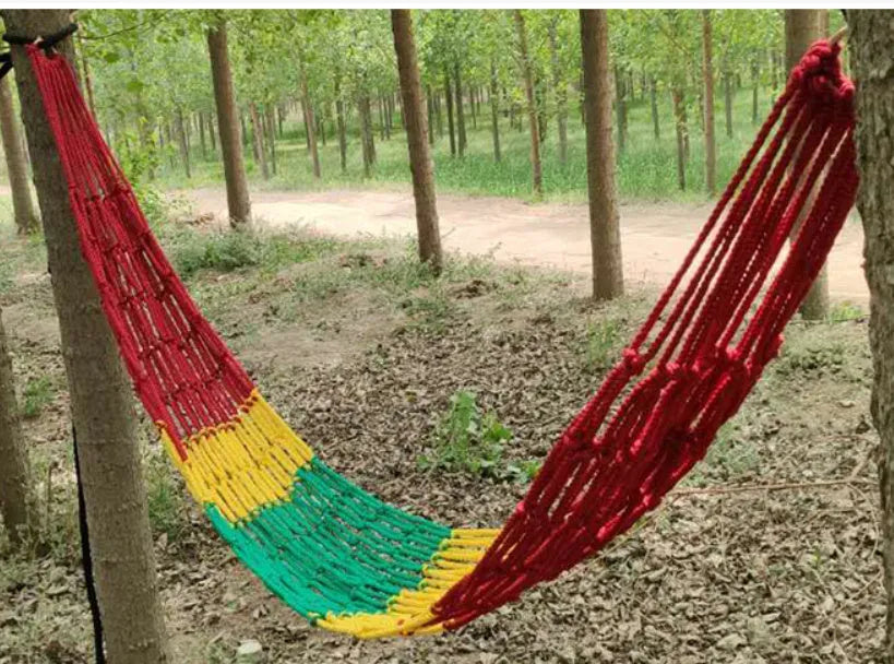 Nylon rope mesh outdoor hammock measuring 1.1m wide with tying components