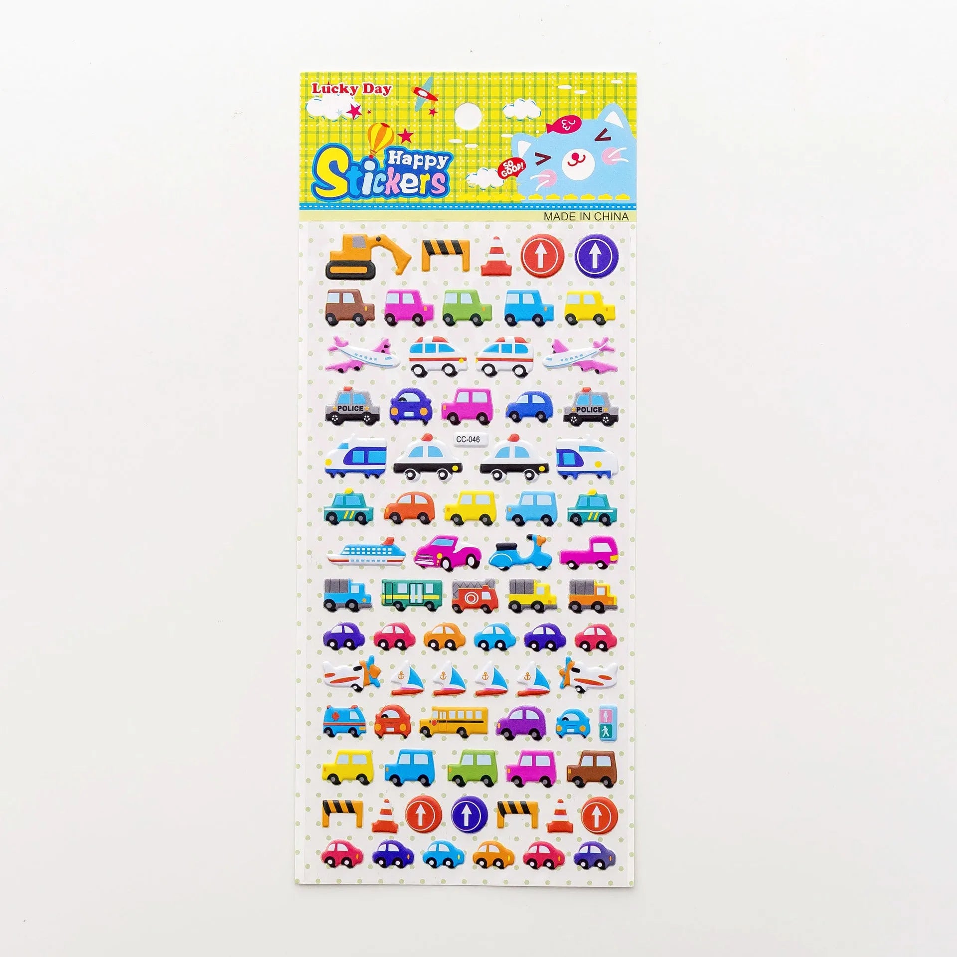 Pack of colourful 3D bubble stickers showing raised cartoon designs of an alpaca, cat, dinosaur, and sweetheart motifs.
