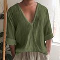 Men's British style washed cotton t-shirt with V-neck and long sleeves in solid colours