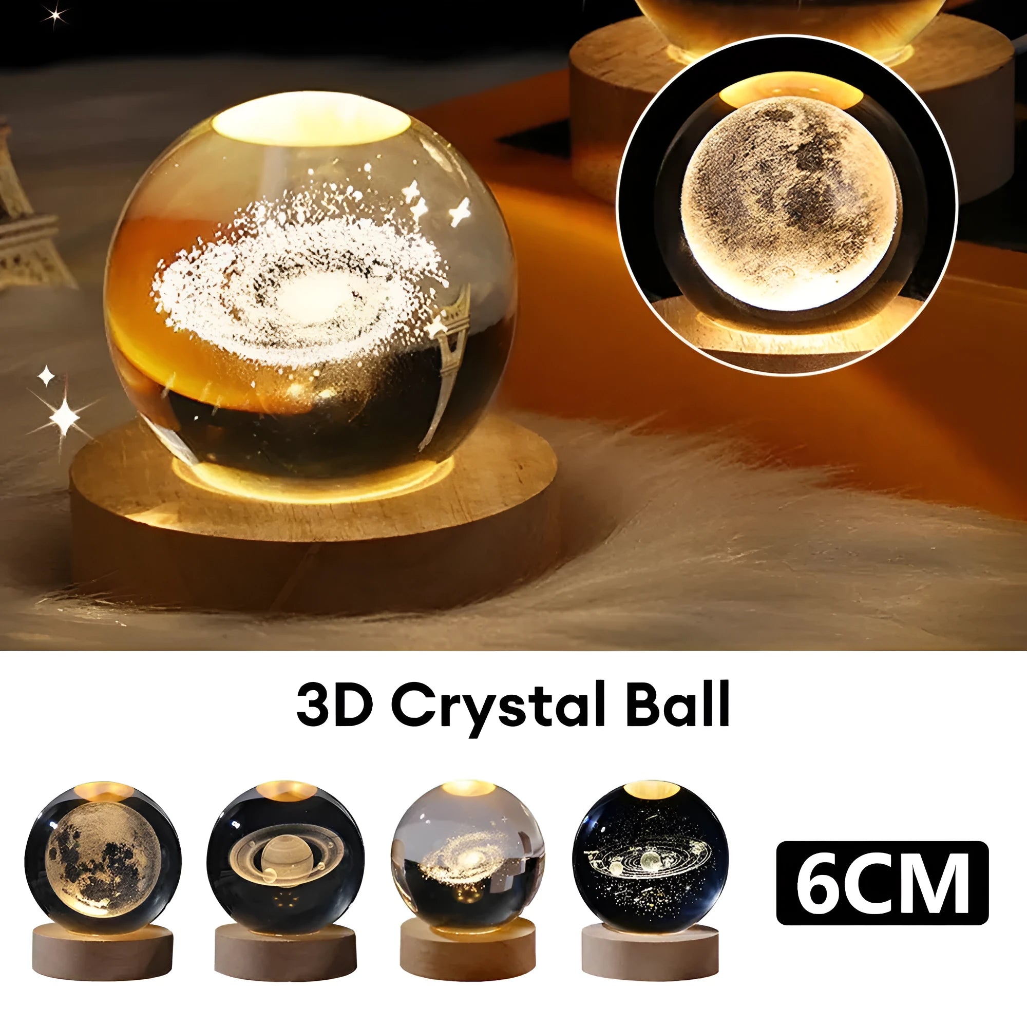 6cm crystal ball night light projecting 3D planetary scenes including nebula and solar system