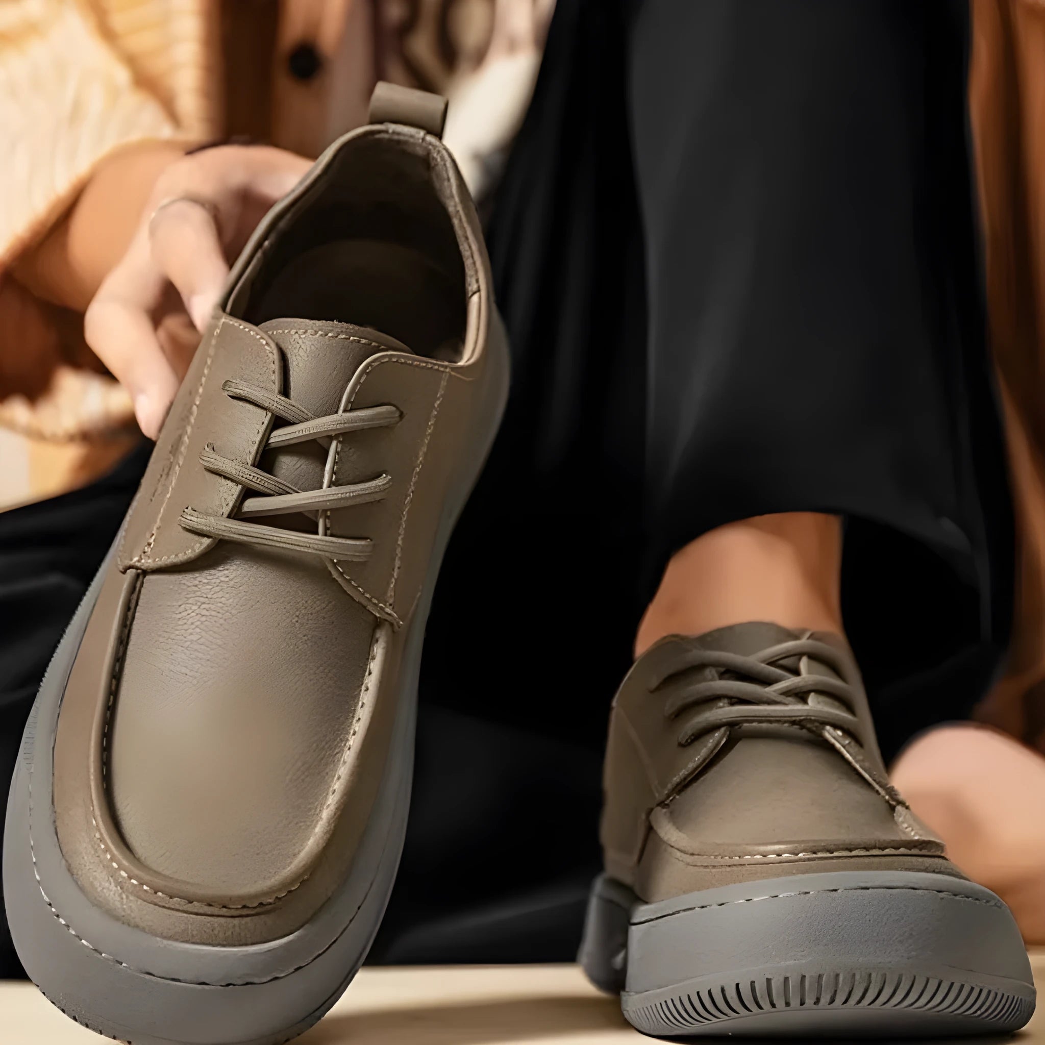 British retro brown leather casual shoes with big toe design and stitched detailing