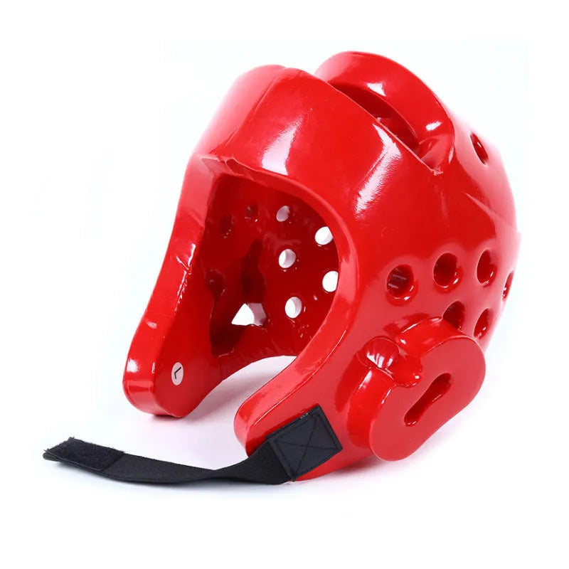 Karate protective gear set with red boxing gloves, leg guards, and helmet for martial arts training