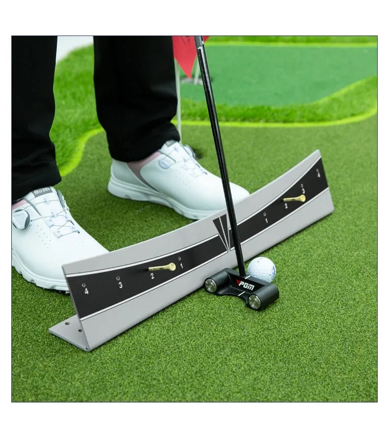 Adjustable golf putter trajectory balance simulator with push rod on a green carpet