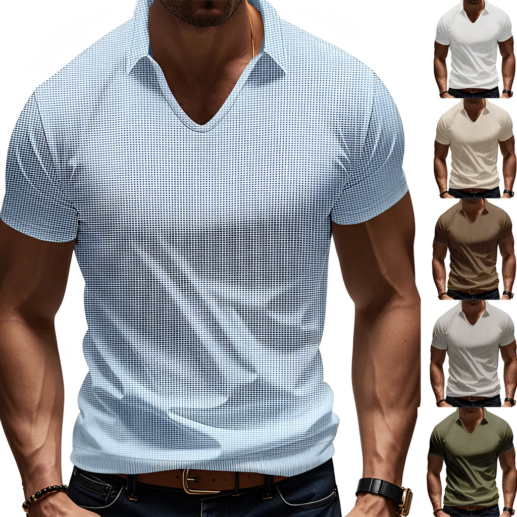 Men's loose-fitting light blue V-neck short-sleeved cotton blend t-shirt laid flat.