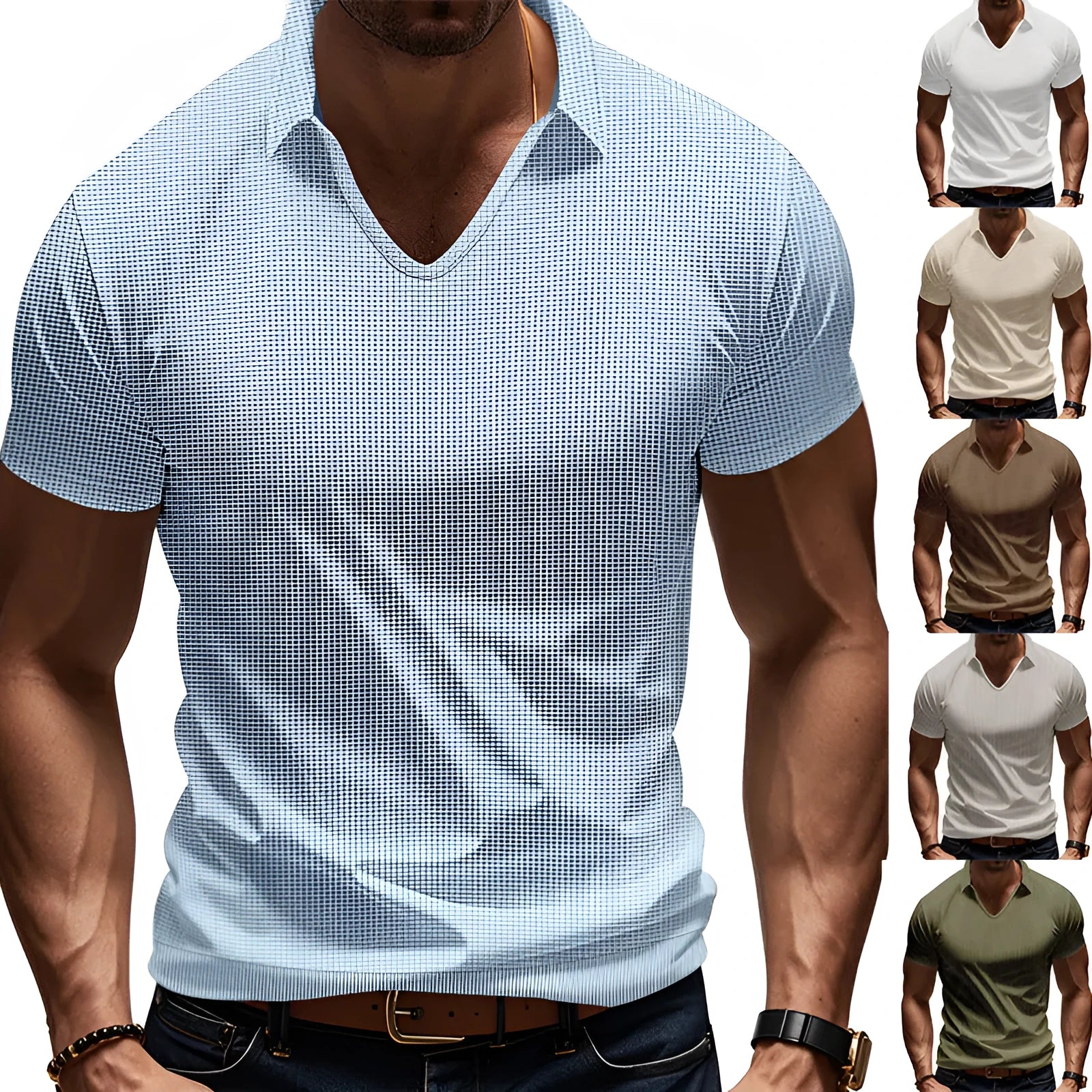 Men's loose-fitting light blue V-neck short-sleeved cotton blend t-shirt laid flat.