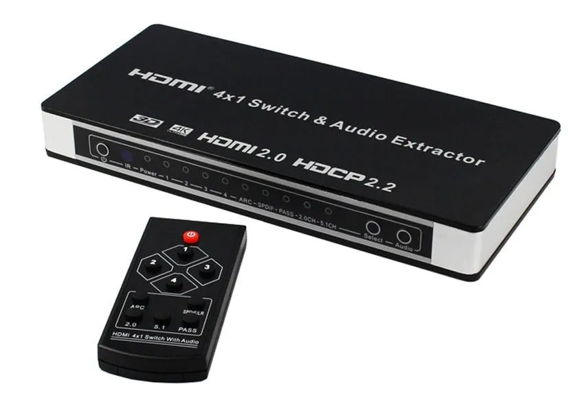 Black HDMI switch unit with four input ports, remote control, and 10m cable for video switching