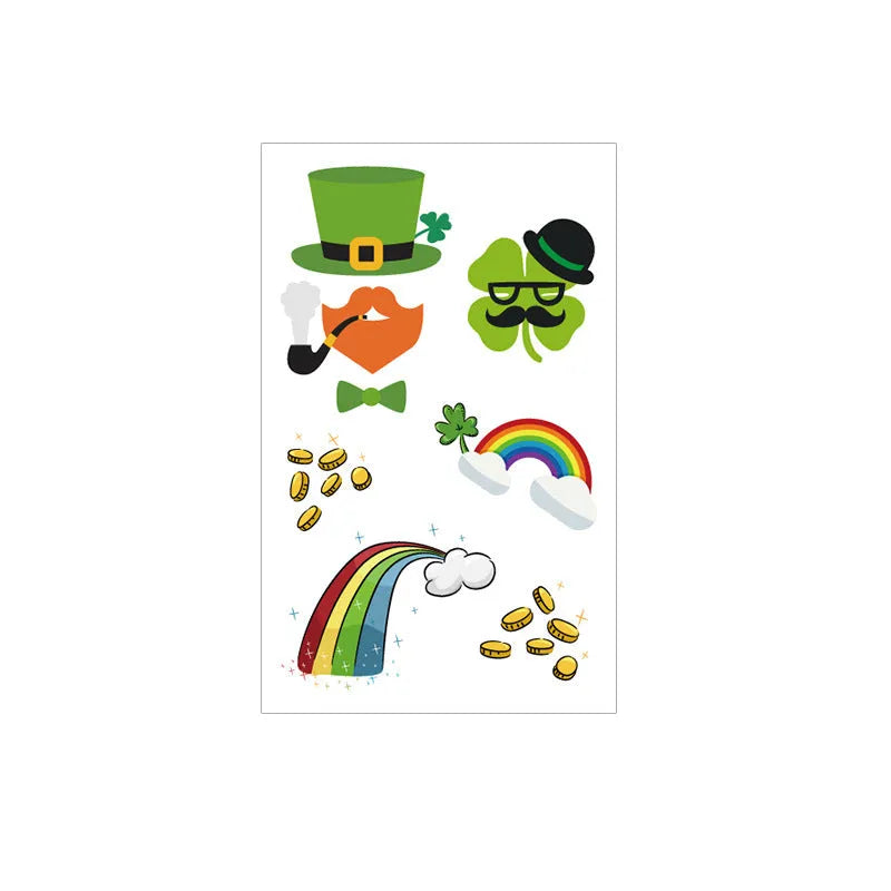 Sheet of St. Patrick's Day clover temporary tattoo stickers showing green design, measuring 120 by 75 millimetres.