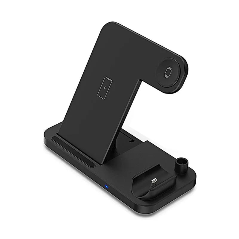 Black four-in-one wireless phone charger with QC3.0 charging head for multiple devices