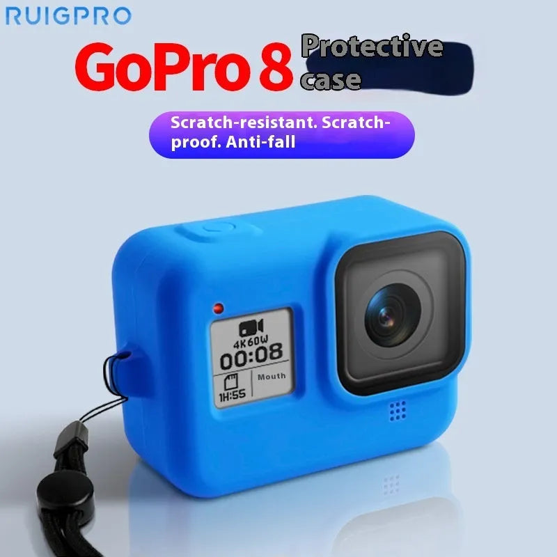GoPro Hero 8 Black camera with blue silicone protective sleeve and attached wrist strap.