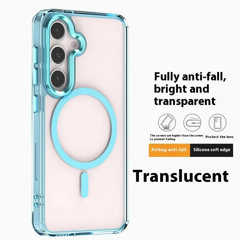 Transparent magnetic silicone phone case for Samsung Galaxy S23 series with metal lens ring