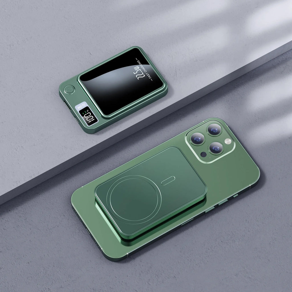 Magsafe wireless power bank in industrial style with plastic shell showing black, green, purple and white colour options