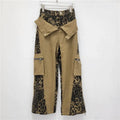 Dark khaki leopard print high waist straight leg jeans with retro tooling style and fake two stitching