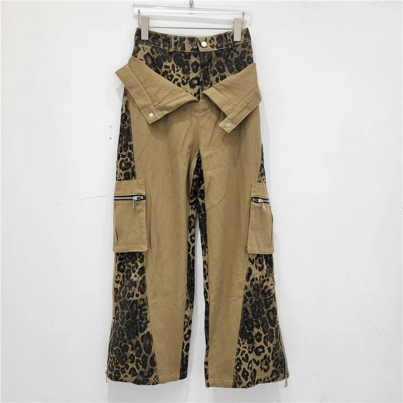 Dark khaki leopard print high waist straight leg jeans with retro tooling style and fake two stitching