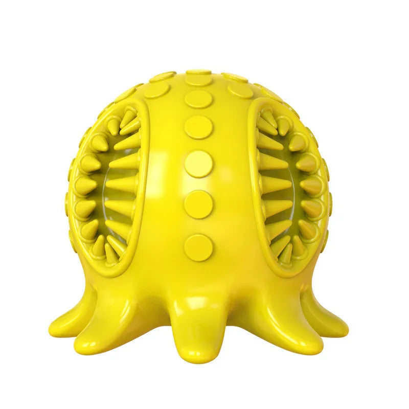 Small octopus dog chew toy in blue, green, pink, or yellow with sound for teeth cleaning and play.