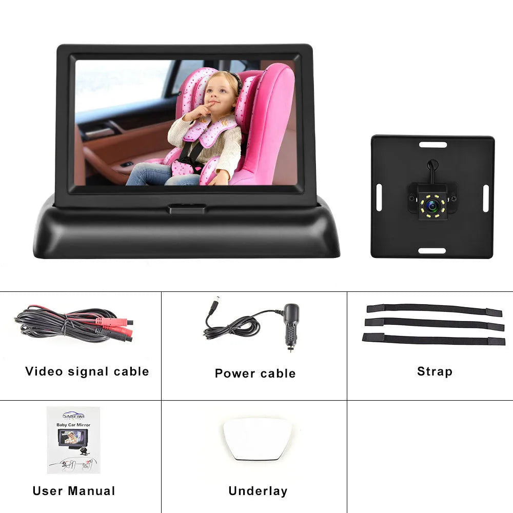 4.3 inch folding screen car baby monitor with rear view camera and cigarette lighter power cord