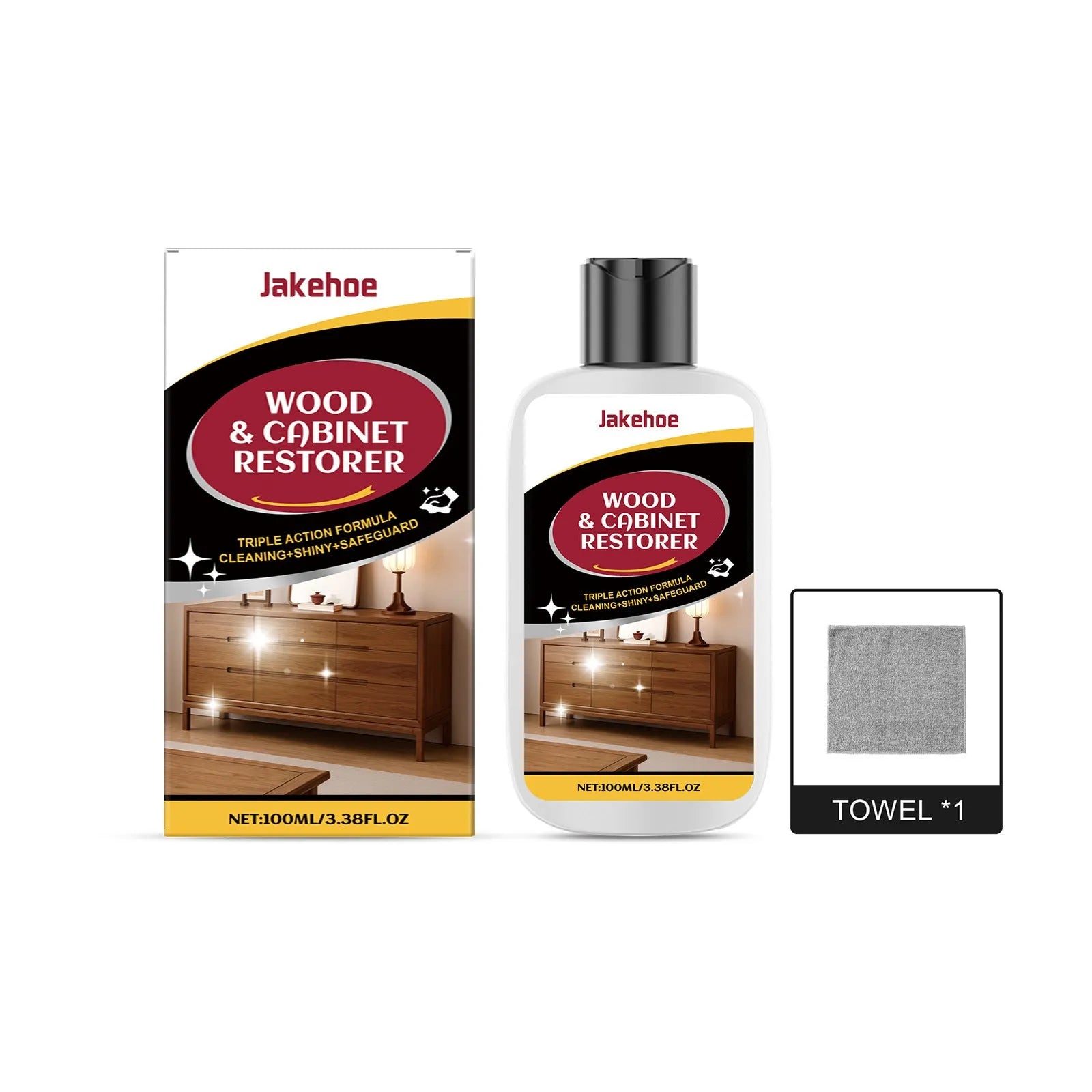 100ml bottle of wooden furniture scratch care agent with a microfibre towel on a wooden table.
