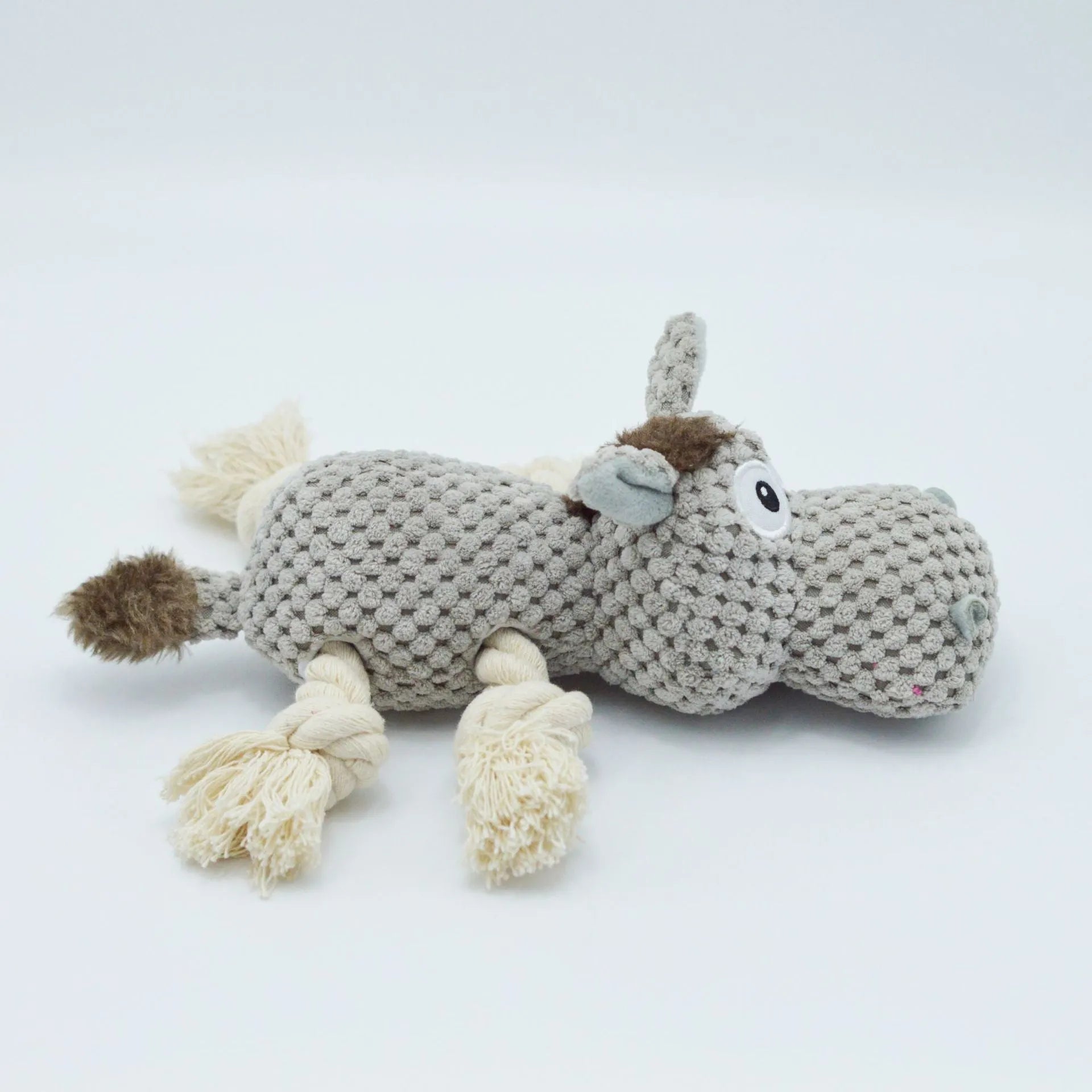 Grey donkey plush dog toy with creak sound mechanism, measuring 27 cm long