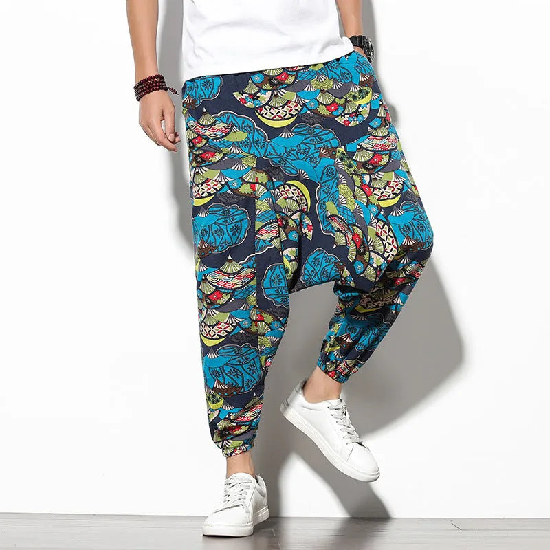 Women's summer bohemian loose wide-leg elephant flower print cotton trousers in blue fan colour