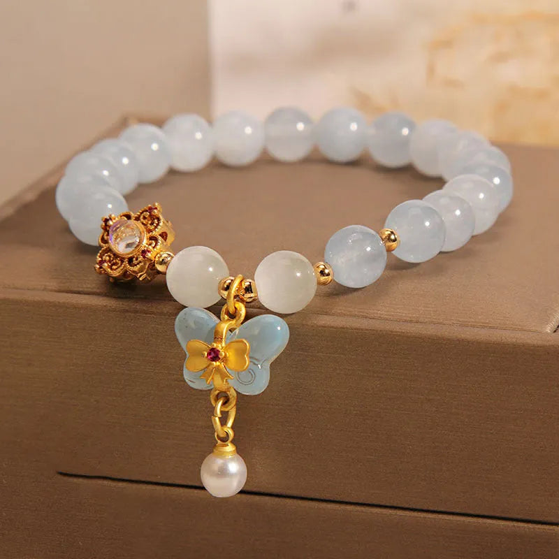 Women's aquamarine butterfly pendant bracelet with crystal rhinestones and decorative butterfly charm