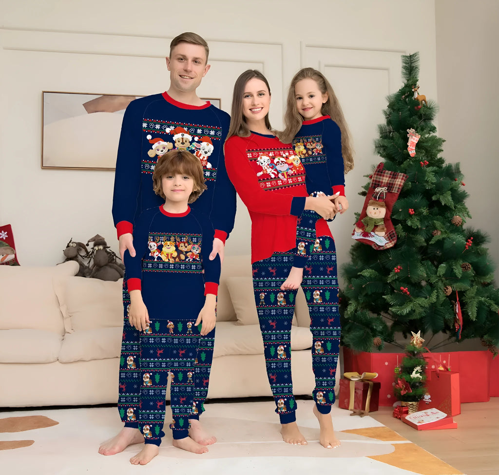 Matching family Christmas pyjamas set with plaid and deer print for adults, children, baby, and dog