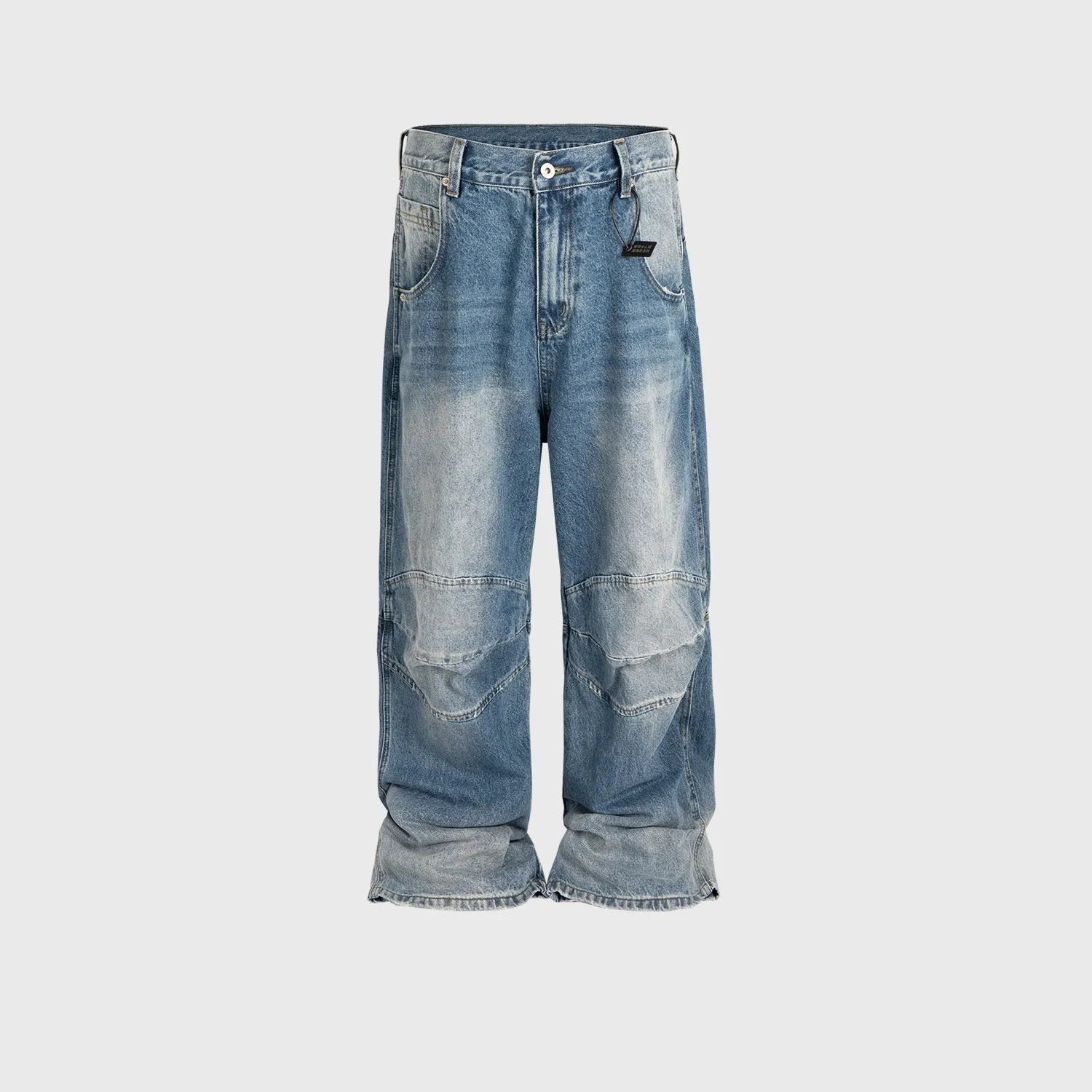 Men's washed light blue baggy jeans with a straight-leg cut and zip fly.