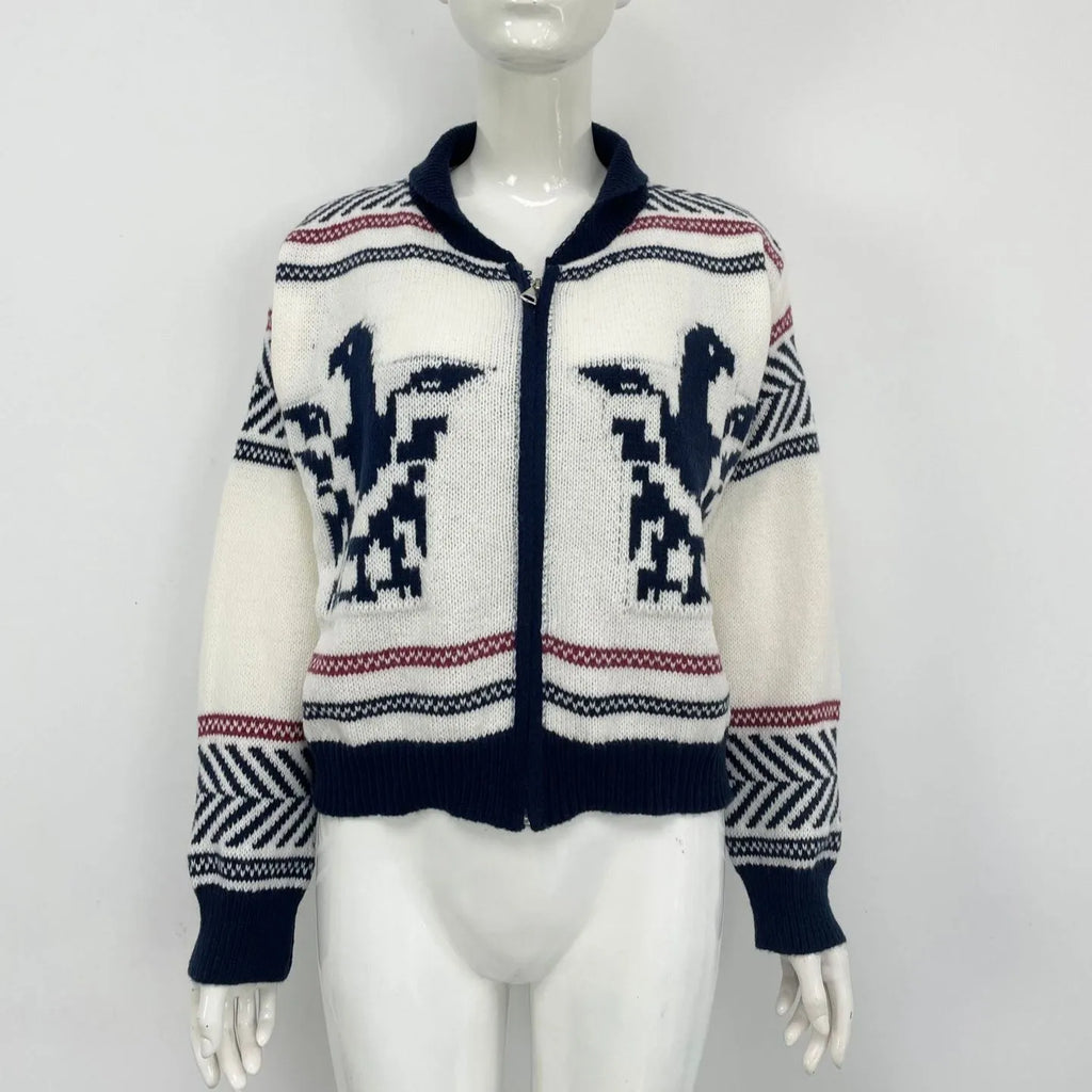 White women's wool Jacquard cardigan with a contrast colour stripe pattern on the front.