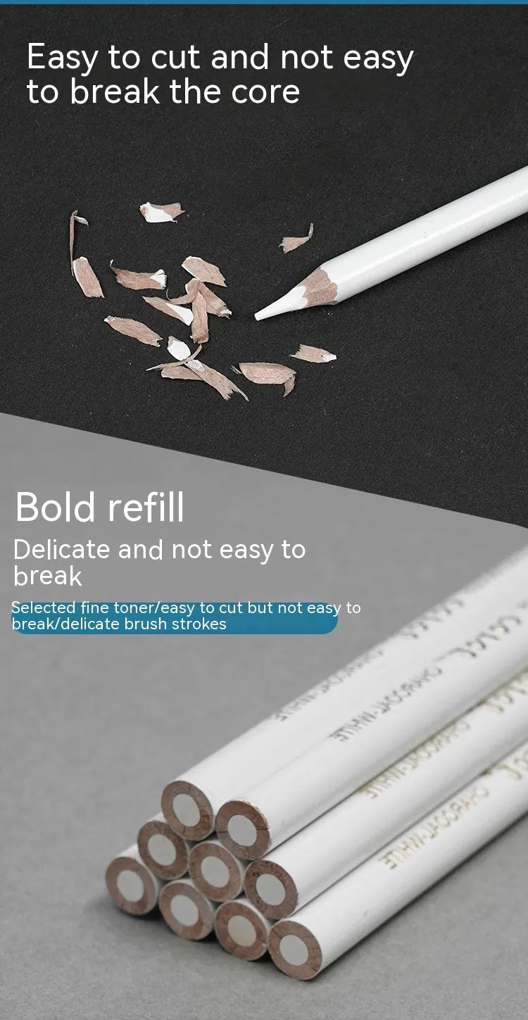 Set of three white charcoal sketching pencils in wooden casings.