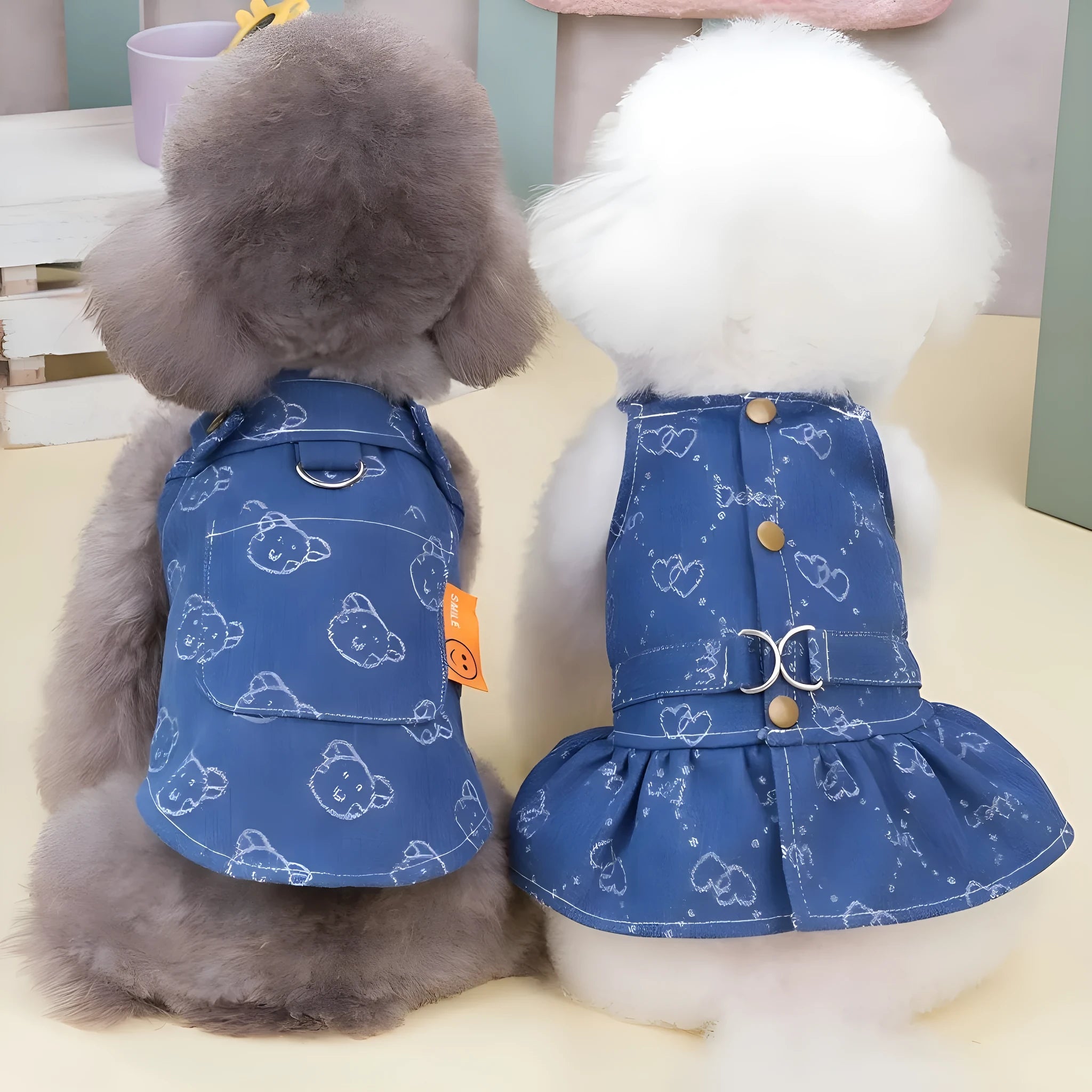 Blue denim princess dress for a small white dog, shown in brace-skirt and brace-T style variations.