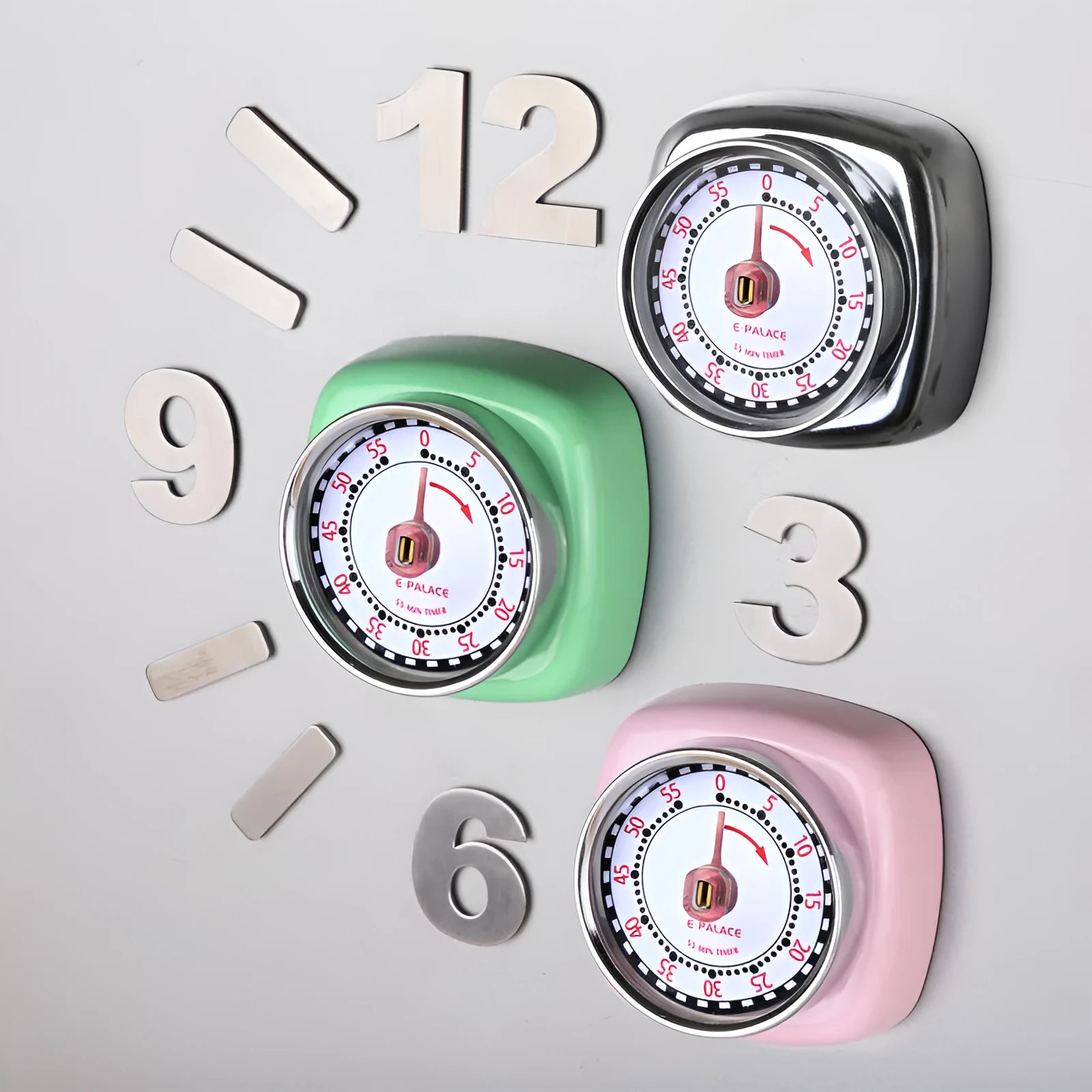 Square metal kitchen baking timer clock with mirror light finish in green