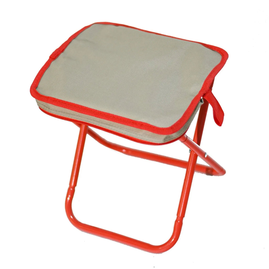 A lightweight foldable camp stool with an Oxford cloth seat, shown in a collapsed pencil box design.