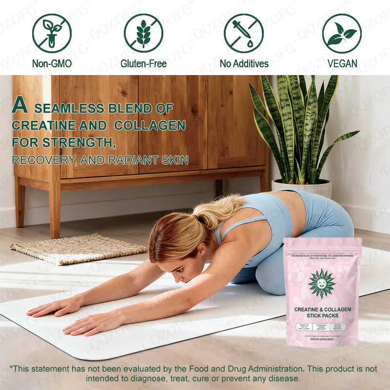 Creatine and collagen stick pack with 20 sticks, 7.8g each, showing powder with raspberry-lemon flavour and soft pink colour