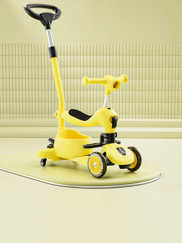 Kids 3-in-1 scooter with aluminium frame, available in five colours with push rod or fence options