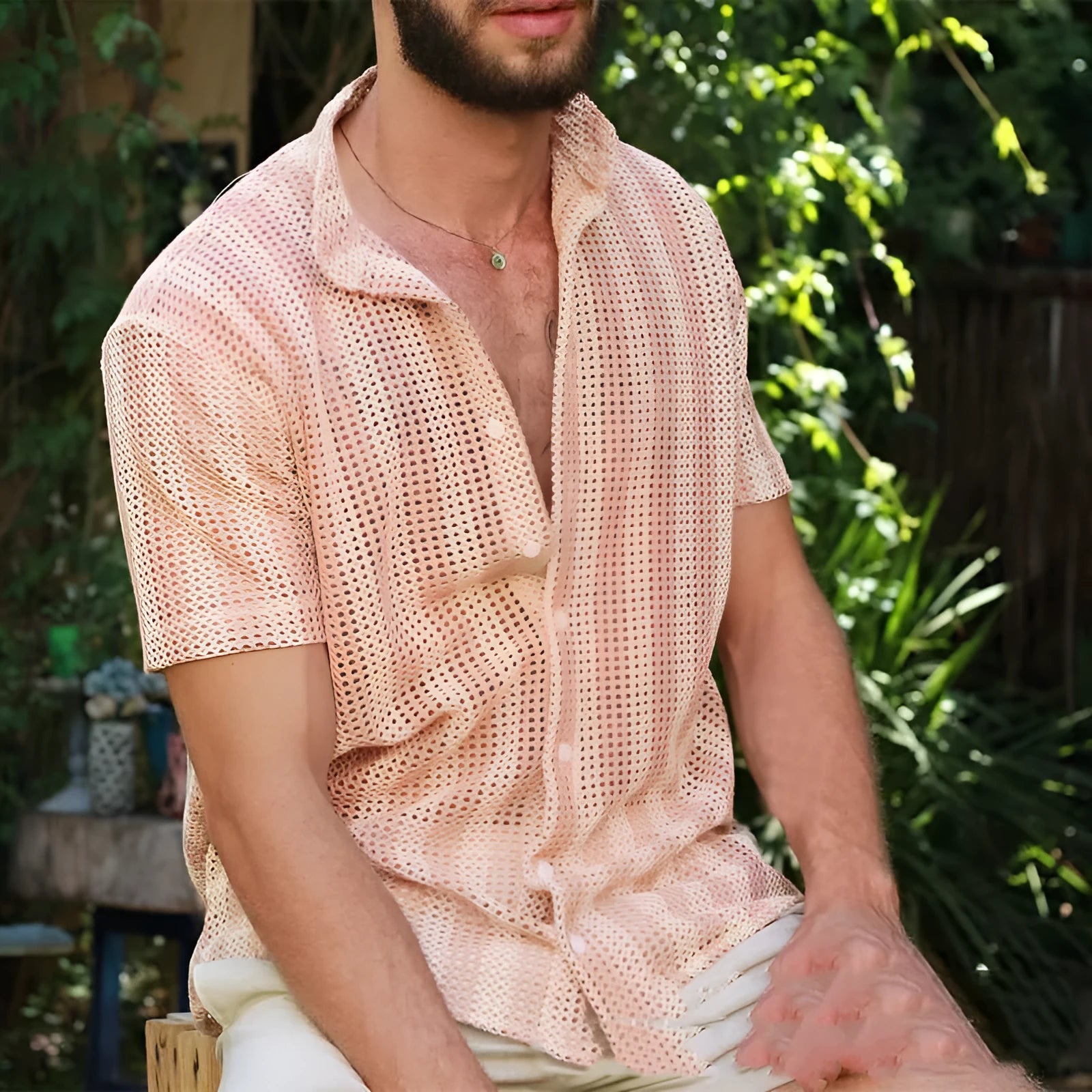 Men's pink waffle-textured summer shirt with short sleeves and cardigan style