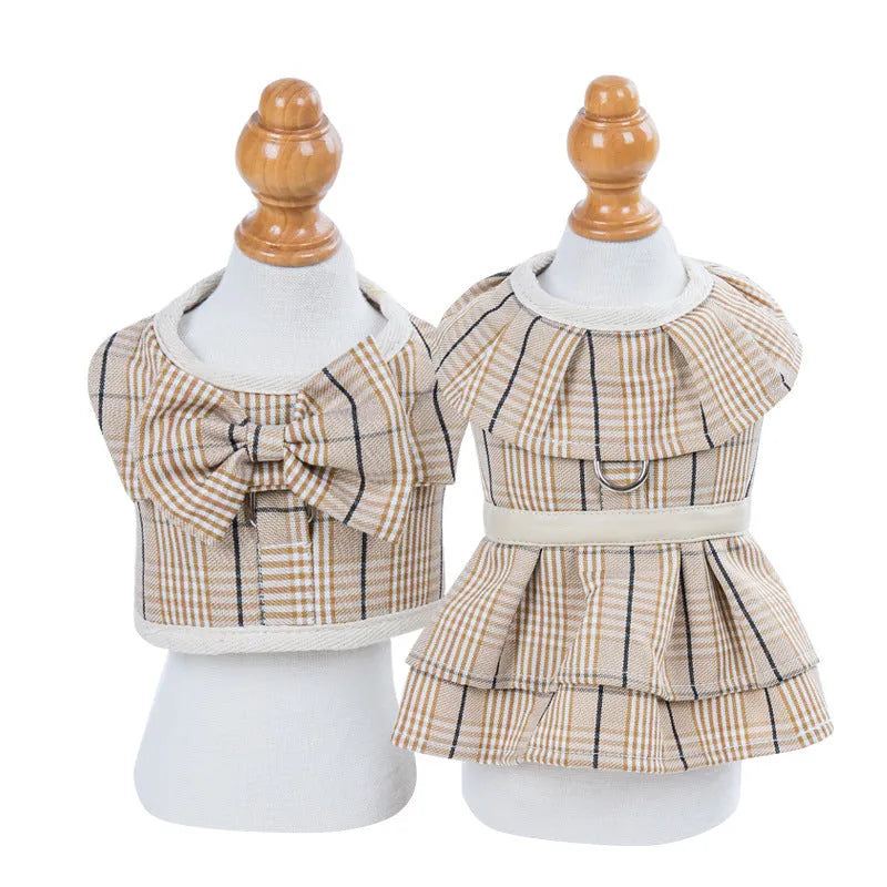 Pet walking vest with chest strap and hand holding rope in beige or purple polyester