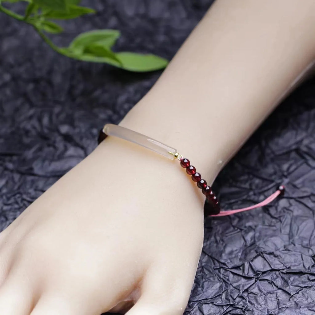 Red natural agate garnet beaded bracelet with adjustable pull closure for women