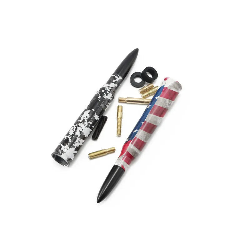14cm long bullet car antenna in black, camouflage green, and American flag design options