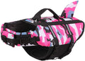 Dog lifesaving swimming suit in camouflage shark design, available in blue or rose red, sizes XS to XXL