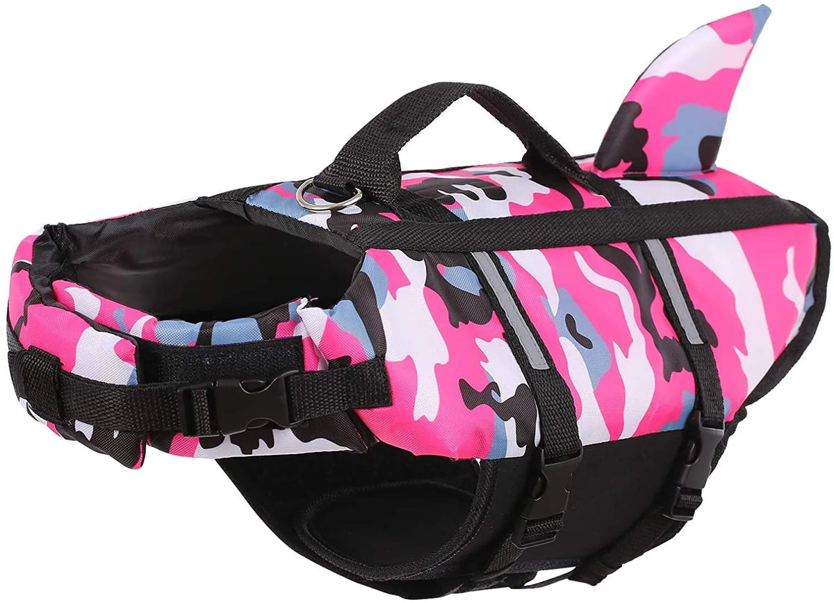 Dog lifesaving swimming suit in camouflage shark design, available in blue or rose red, sizes XS to XXL