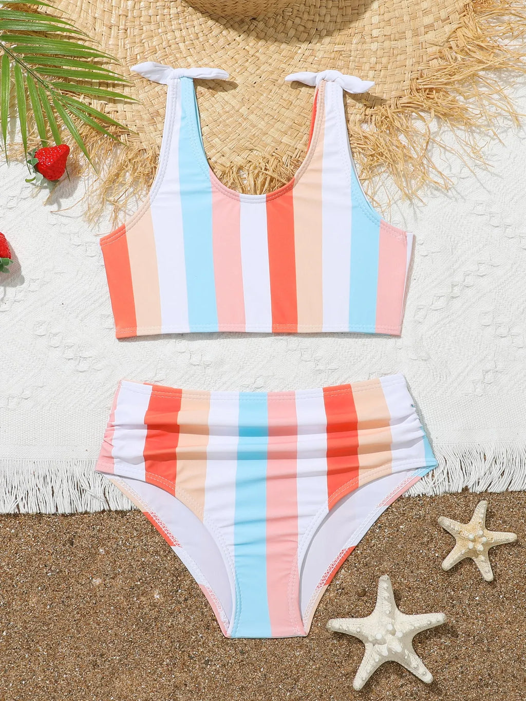 Girls' plaid print swimsuit briefs with polyester lining shown in multiple colour options
