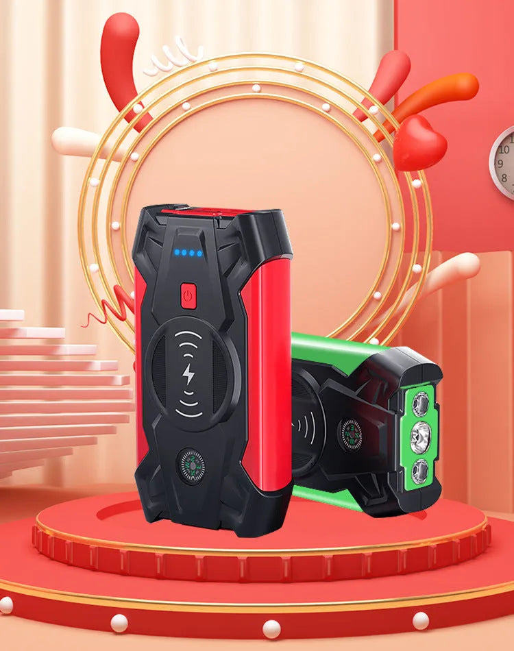 Red 12V car battery jump starter power pack with digital display and heavy-duty crocodile clips