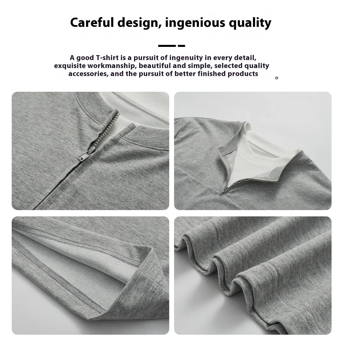 Loose blue zip-through patchwork top on a hanger, showing the false two-piece design and collar detail.