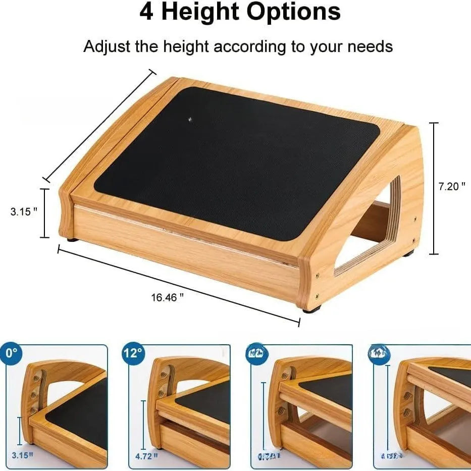 Wooden adjustable height office desk footstool in a natural wood colour.