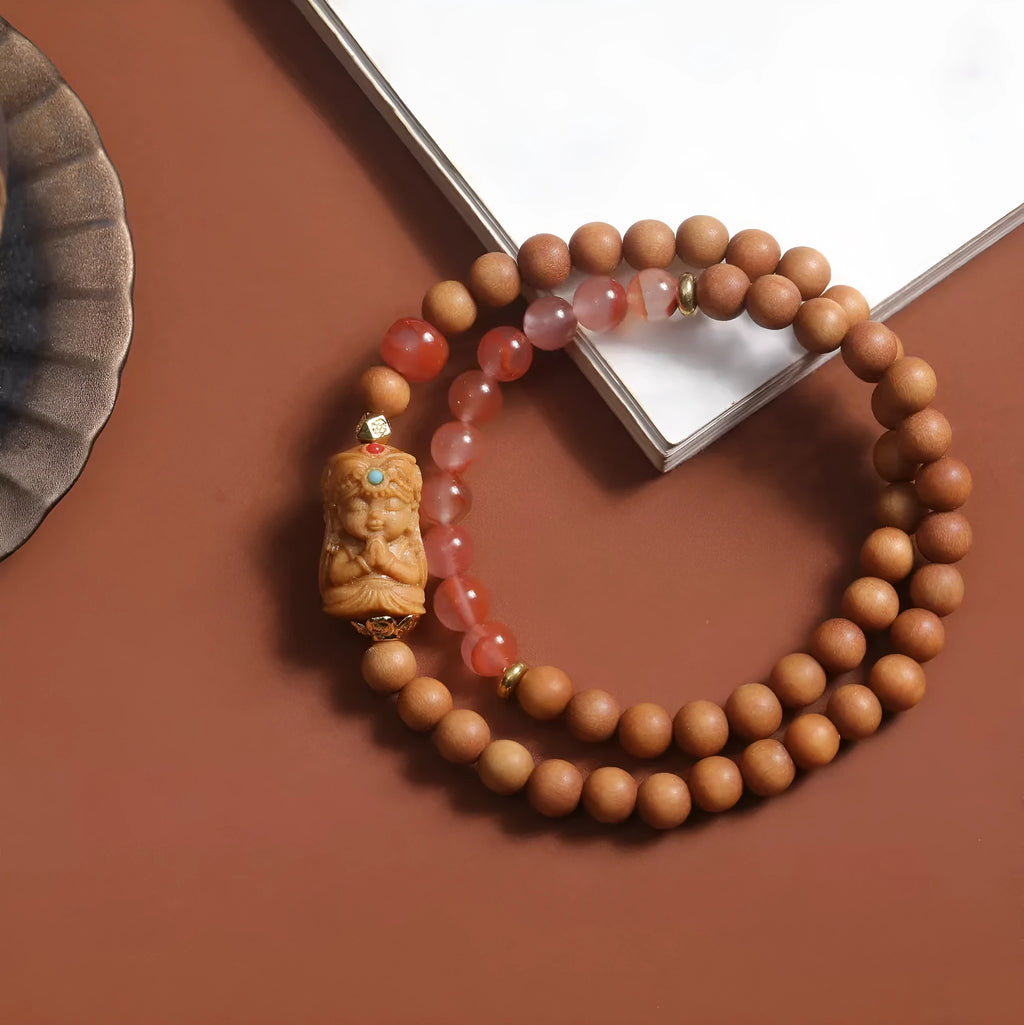Brown woven wooden bracelet with 6mm round beads featuring South Red Zachilam and double circle design