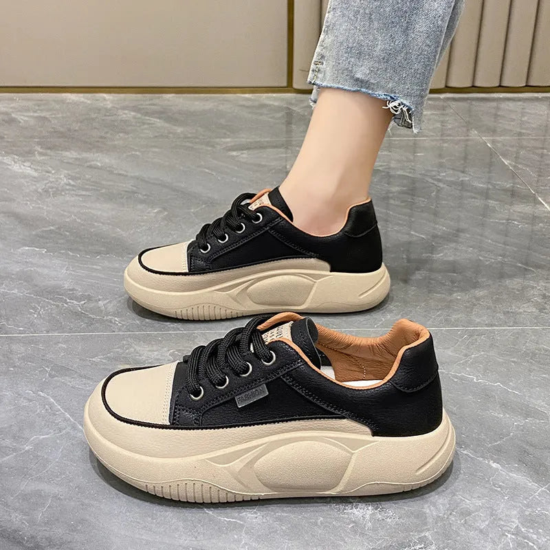 White women's artificial PU casual shoes with mid heel and lace-up design