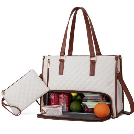 Women's insulated lunch bag in khaki colour with shoulder strap, 42x30x18cm leak-proof design