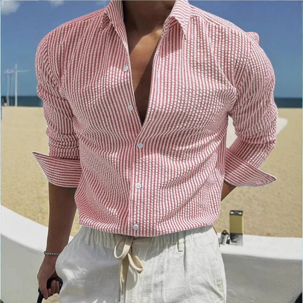 Men's striped cardigan lapel long sleeve shirt in polyester available in multiple colours.