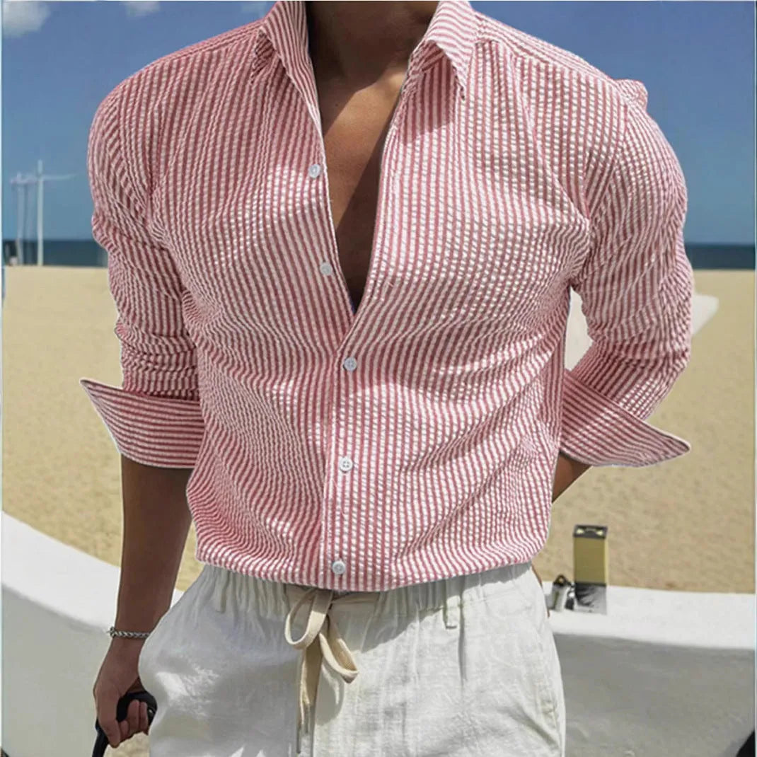Men's striped cardigan lapel long sleeve shirt in polyester available in multiple colours.